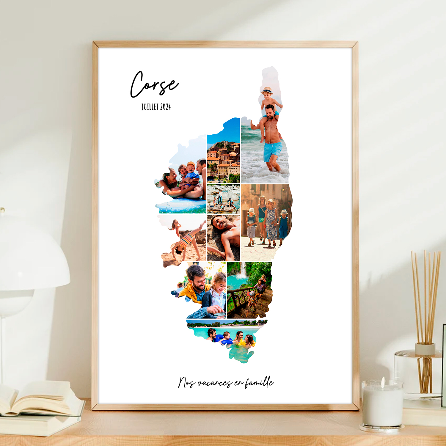Affiche-Carte-Corse-Collage-Photo-Blanc-souvenir-vacances-cadre-bois-1